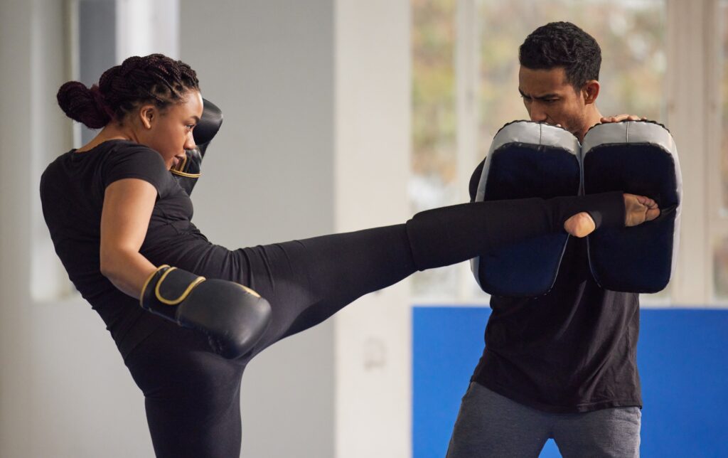 Students practicing kickboxing techniques at Morris County Wrestling and Martial Arts in Randolph, NJ
